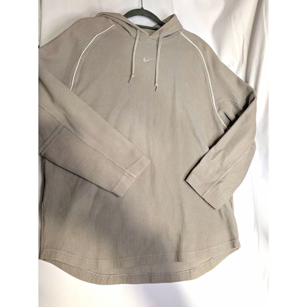 Nike Beige Solid Cotton Knit Pullover Hoodie Logo Drawstring Men's S